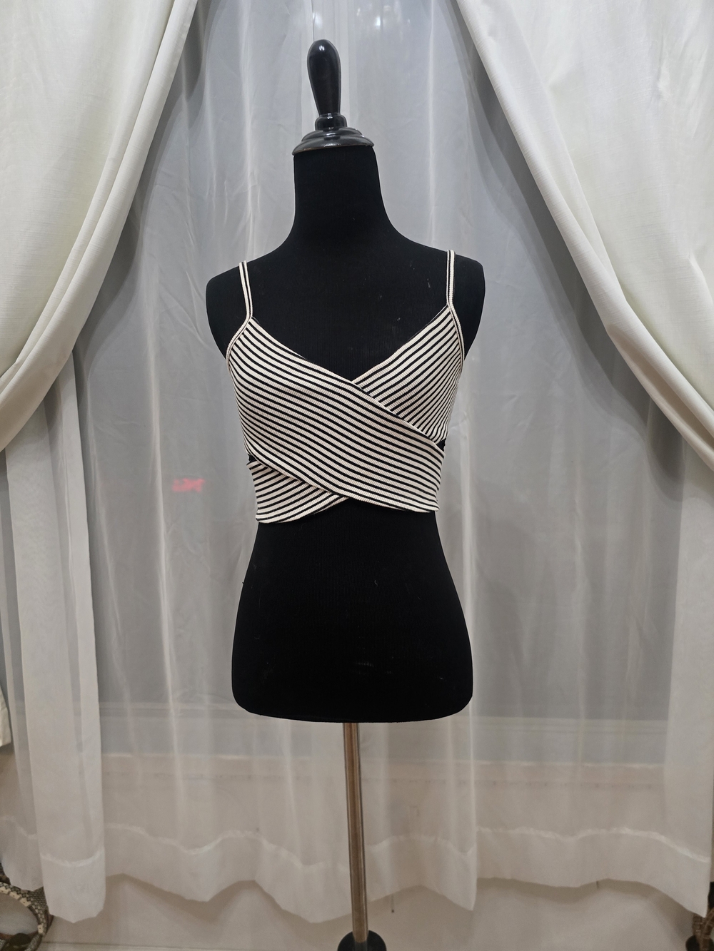 Striped Wrap-Front Spaghetti Strap Crop Top - White/Black XS Charlotte Russe